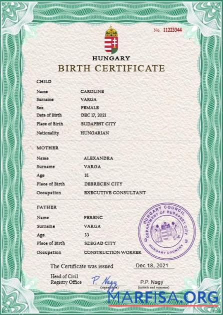 Printable Hungary birth certificate PSD template